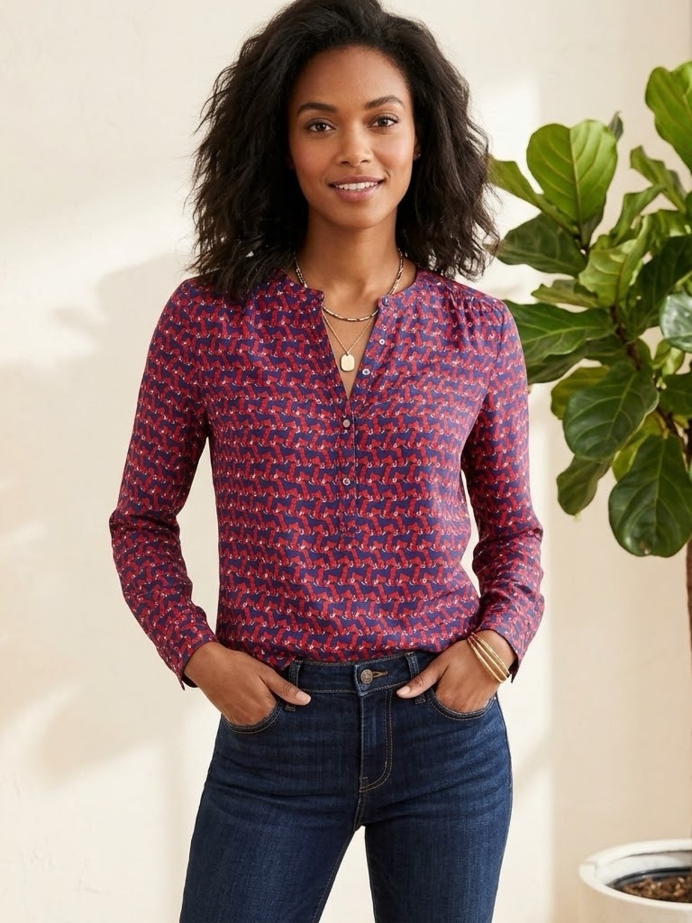 Button-Front Henley Blouse in Red and Blue